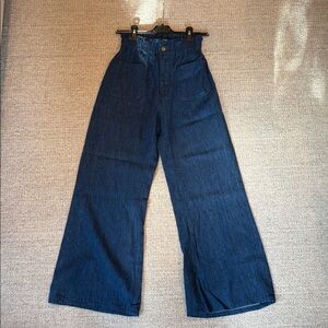 Emerson Fry Denim Blue High Rise Paper Bag Waist Pants
